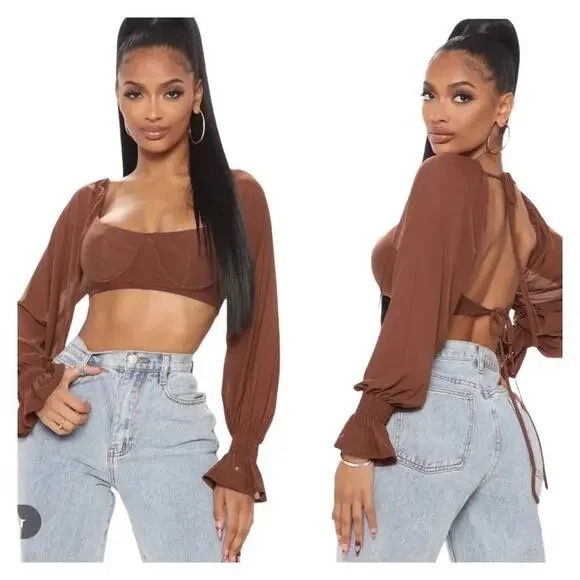 Fashion Nova Women's XS Match My Vibe Cropped Mesh Top in Mocha Brown - Picture 1 of 3